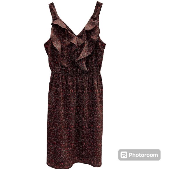 Mossimo Sleeveless Dress Black with Red Spots Front Ruffle Elastic Waist Midi - Picture 1 of 4